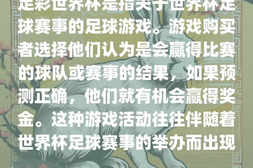 足彩世界杯是指关于世界杯足球赛事的足球游戏。游戏购买者选择他们认为是会赢得比赛的球队或赛事的结果，如果预测正确，他们就有机会赢得奖金。这种游戏活动往往伴随着世界杯足球赛事的举办而出现。吉安市靖泰电力工程有限公司
