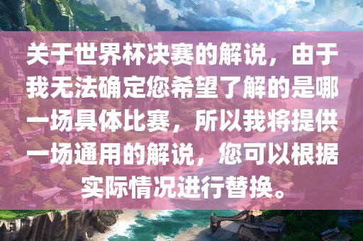 关于世界杯决赛的解说，由于我无法确定您希望了解的是哪一场具体比赛，所以我将提供一场通用的解说，您可以根据实际情况进行替换。吉安市靖泰电力工程有限公司