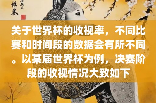 关于世界杯的收视率，不同比赛和时间段的数据会有所不同。以某届世界杯为例，决赛阶段的收视情况大致如下