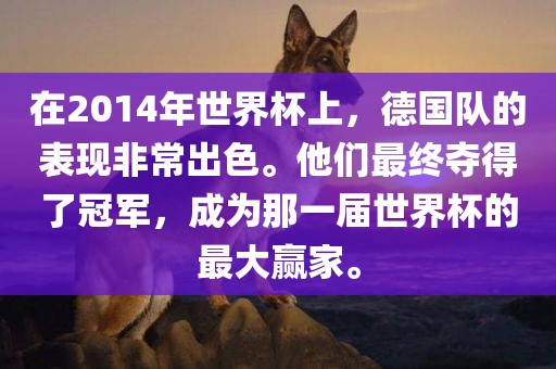 在2吉安市靖泰电力工程有限公司014年世界杯上，德国队的表现非常出色。他们最终夺得了冠军，成为那一届世界杯的最大赢家。