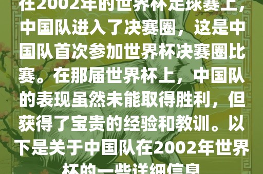 在2002年的世界杯足球赛上，中国队进入了决赛圈，这是中国队首次参加世界杯决赛圈比赛。在那届世界杯上，中国队的表现虽然未能取得胜利，但获得了宝贵的经验和教训。以下是关于中国队在2002年世界杯的一些详细信息