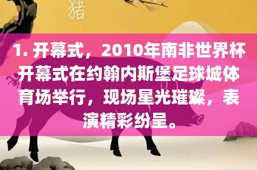 1. 开幕式，2010年南非世界杯开幕式在约翰内斯堡足球城体育场举行，现场星光璀璨，表演精彩纷呈。