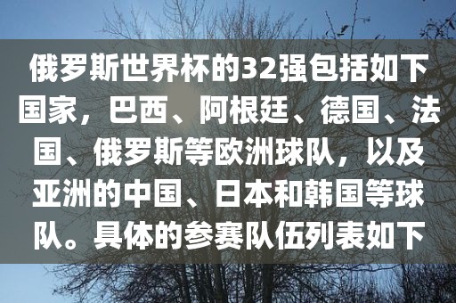 俄罗斯世界杯的32强包括如下国家，巴西、吉安市靖泰电力工程有限公司阿根廷、德国、法国、俄罗斯等欧洲球队，以及亚洲的中国、日本和韩国等球队。具体的参赛队伍列表如下