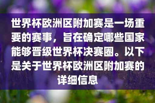 世界杯欧洲区附加赛是一场重要的赛事，旨在确定哪些国家能够晋级世界杯决赛圈。以下是关于世界杯欧洲区附加赛的详细信息