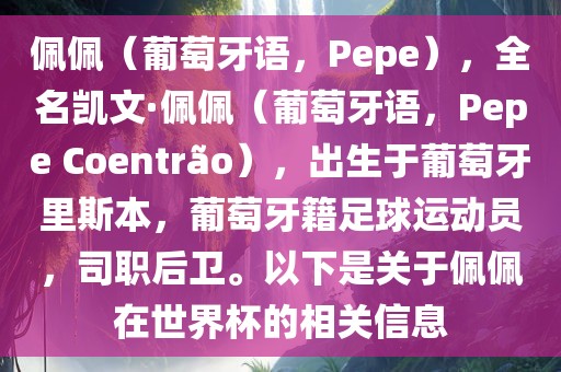 佩佩（葡萄牙语，Pepe），全名凯文·佩佩（葡萄牙语，Pepe Coentr?o），出生于葡萄牙里斯本，葡萄牙籍足球运动员，司职后卫。以下是关于佩佩在世界杯的相关信息