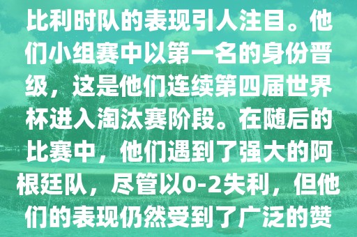 在2014年的世界杯足球赛中，比利时队的表现引人注目。他们小组赛中以第一名的身份晋级，这是他们连续第四届世界杯进入淘汰赛阶段。在随后的比赛中，他们遇到了强大的阿根廷队，尽管以0-2失利，但他们的表现仍然受到了广泛的赞誉和关注。