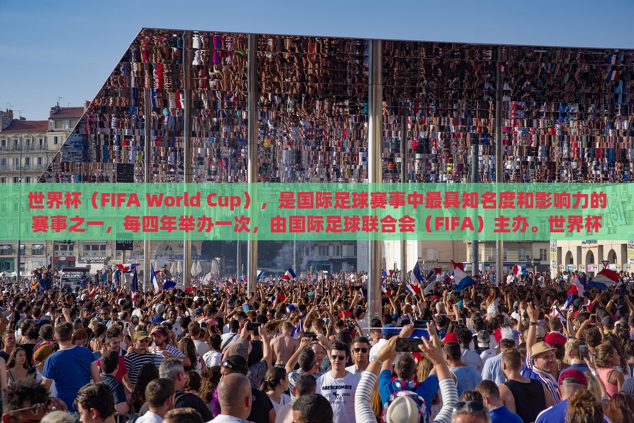 世界杯（FIFA World Cup），是国际足球赛事中最具知名度和影响力的赛事之一，每四年举办一次，由国际足球联合会（FIFA）主办。世界杯的举办是为了促进全球足球运动的发展，并加强各国之间的交流与友谊。世界杯赛事的规模和影响力在逐渐扩大，已经成为全球体育界最盛大的赛事之一。